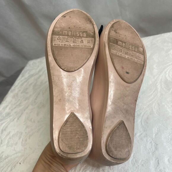 Melissa Pink Ballet Flats with Black Bow Rubber Slip On Size 7 - Picture 10 of 11
